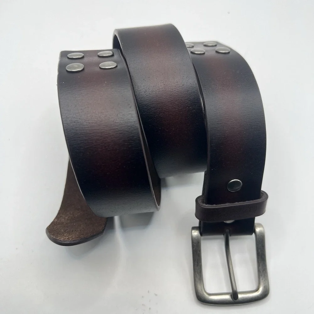 Bonded‎ Leather Belt 36 Brown Ombre Silver Tone Buckle Studded Rivet Rustic